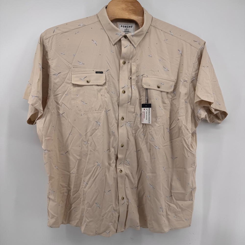 Poncho Fishing Shirt Mens 3XL Tan Seagull Print Magnetic Pockets Short Sleeve - Picture 2 of 9